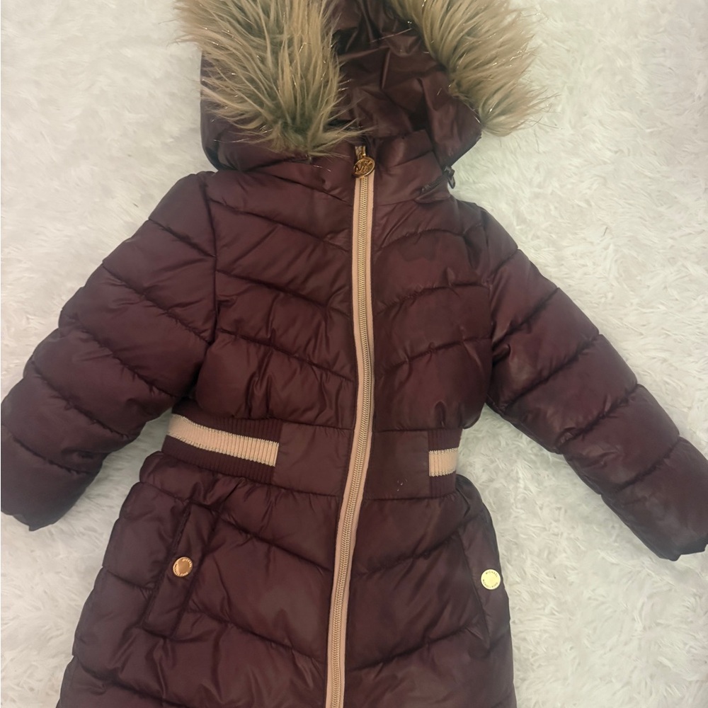 Girls' Quilted Hooded Puffer Coat in Deep Burgundy with Faux Fur Trim